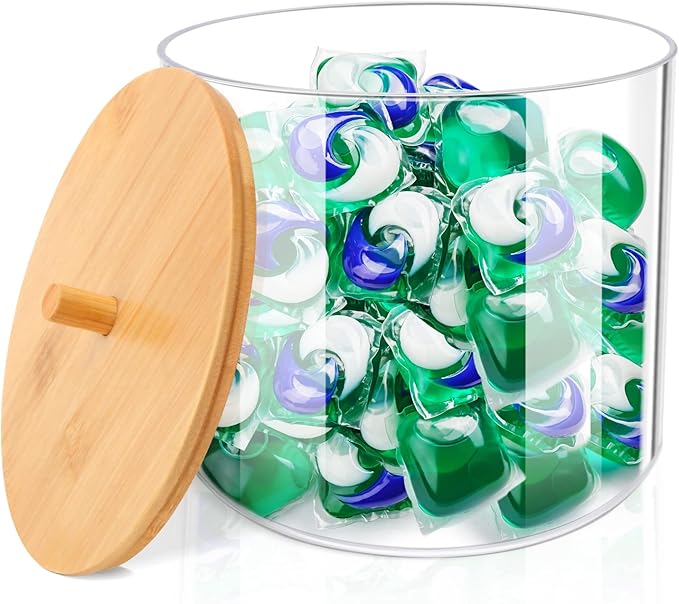 JYPS 1+1 Large-Capacity Laundry Pods Container with Bamboo Lid, Clear Acrylic Powder Detergent Containers for Pods, Scent Boosters & Powder, Laundry Room Organization decor, Storage Jars Set