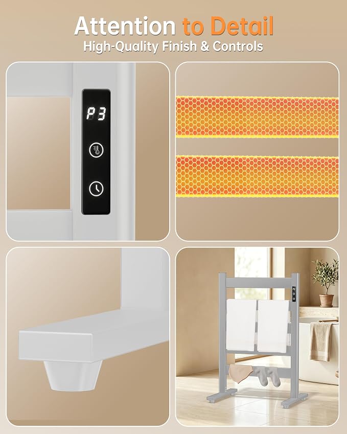 5-Bar Freestanding Towel Warmer, Adjustable Temperature 110–170°F, Timer and Auto Shut-Off, Fast Heating in 10 Minutes, Durable Space Aluminum, Wide Bars, Matte White for Bathroom and Spa