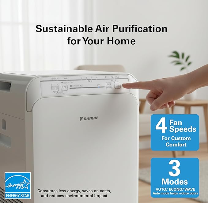 Daikin MCB50YSAU Room Air Purifier for Home, HEPA, Activated Carbon, Pre-Filter and UVC LED Light, Zero Ozone Product, CARB Certified, 10.5 x 10.5 x 19.5 in
