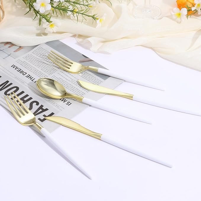 Goodluck 150 PCS White Gold Plastic Silverware Set for 50 Guests,50 Knives, 50 Forks and 50 Spoons, Food-grade material free of BPA, Gold Plastic Cutlery Ideal for Weddings, Birthdays, Graduation