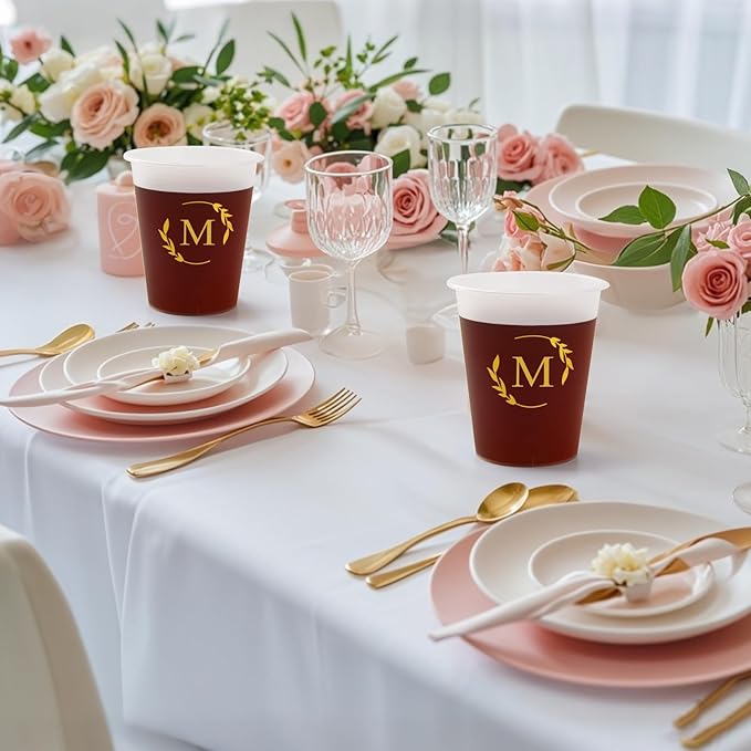 100 Monogrammed Cups Disposable Initial Plastic Cup 12 oz Wedding Personalized Cup for Wedding Reception Baby Shower Birthday Party(Letter A)