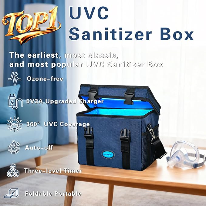 UV Light Sanitizer Box Ozone Free, 12L/3.17 gal Portable Sanitizing and Cleaning UVC Bag with 3-Level Timer,Foldable UV Cleaner Machine for Toys, Clothing, Microphones, with 5V3A Upgraded Charger