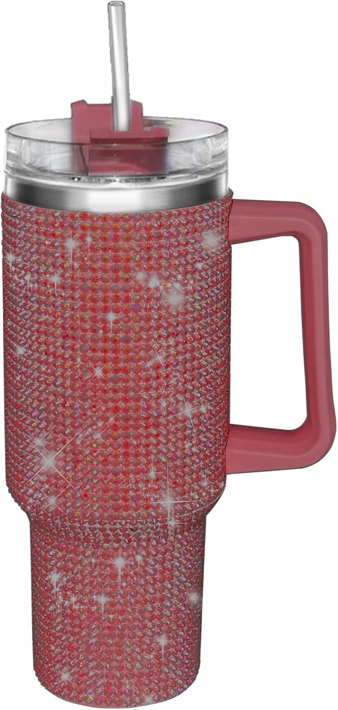 HWISDMIG 40oz Tumbler with Handle-Glitter Rhinestones Tumbler Bling Cups Stainless Steel Water Bottle Diamond Studded Tumbler for Women-Birthday Gifts for Women, Mom, Girlfriend (Wine Red)