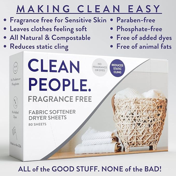 Clean People Laundry Detergent Pods & Fabric Softener Sheets - Plant-Based, Eco Friendly Laundry Detergent 96ct & Dryer Sheets 160ct (Fragrance Free)