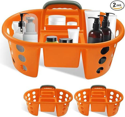 SIMPLYKLEEN Large Shower Caddy Portable 2PC - Made in USA Plastic Jumbo Size Dorm Storage Candy Tote with Handle Shower Organizer for Bathroom, Pantry, Kitchen, College Dorm, Orange