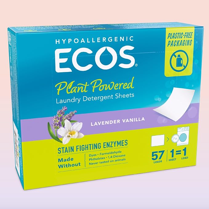 ECOS Laundry Detergent Sheets - Vegan, No Plastic Jug, No Mess & Liquid Free Laundry Sheets in Washer Hypoallergenic, Plant Powered Laundry Detergent Sheets - Lavender Vanilla 57 Count (Pack of 2)