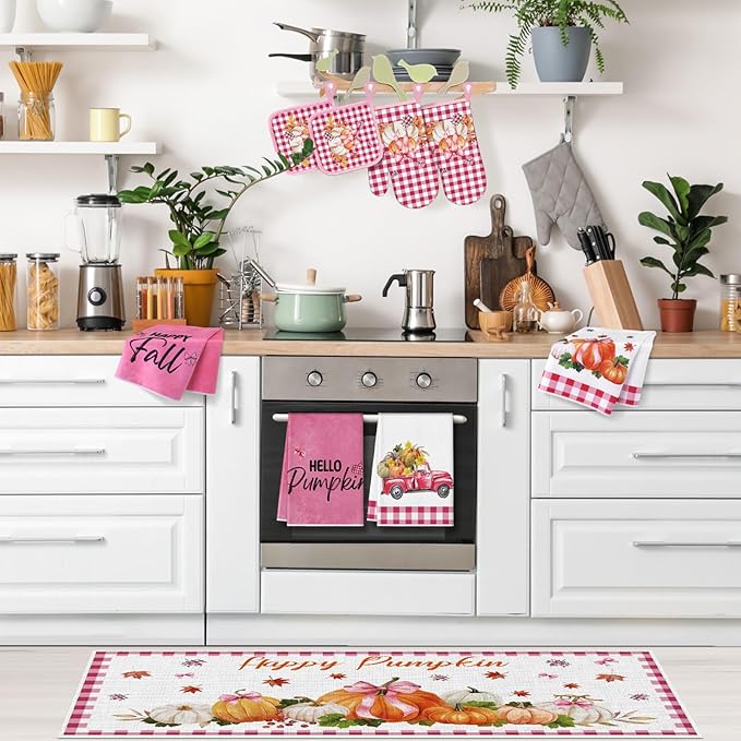 Fanfanwin 10 Pcs Thanksgiving Pumpkin Kitchen Decor Set Pink Kitchen Towels Pot Holders Oven Mitts and Rugs Set for Baking Cooking BBQ Thanksgiving Home Decor