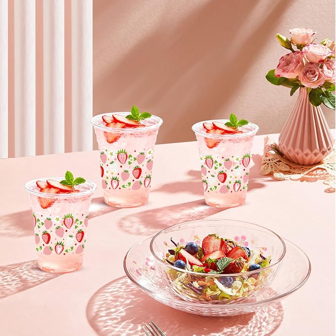 100 Pack Strawberry Plastic Cups 16 oz Pink Red Fruit Flower Disposable Cup Clear Strawberry Summer Spring Party Favor Drinking Cold Beverage Cup for Party Supplies