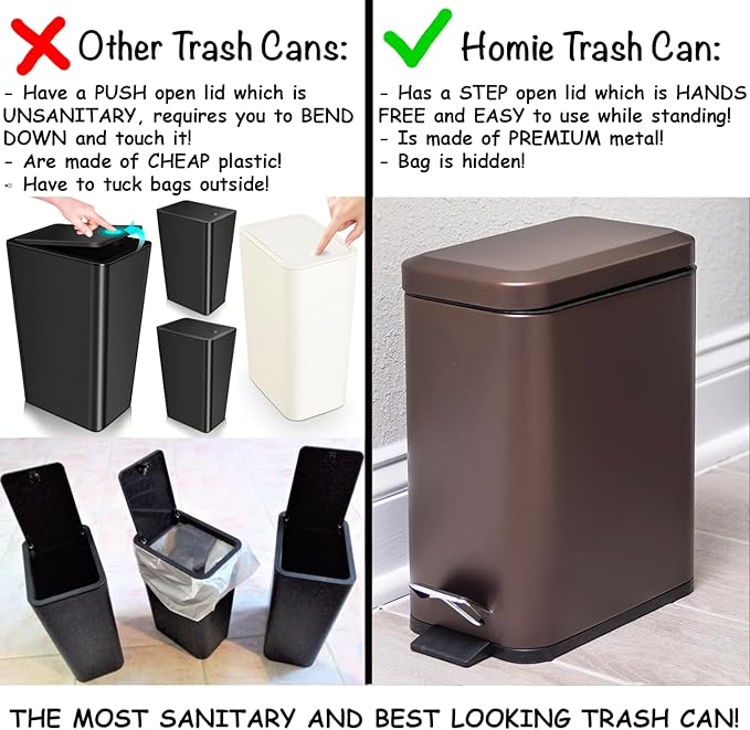 Homie Soft Close, Slim Trash Can 3.2 Gallon with Anti - Bag Slip Liner and Lid, Use as Mini Garbage Basket, Slim Dust Bin, or Decor in Bathroom, Restroom, Kitchen, or Bedroom (Bronze)
