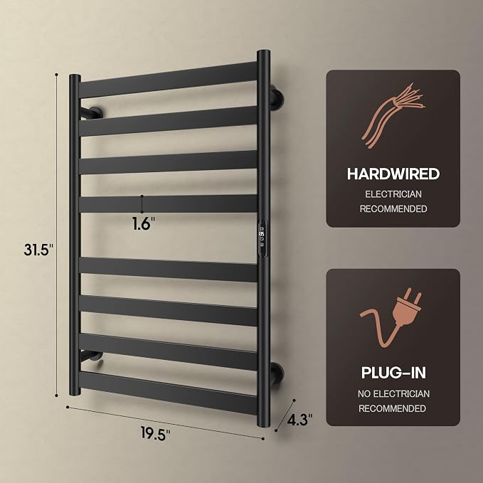 Poloma Paraheeter Towel Warmer, Heated Towel Rack, Towel Warmer Racks for Bathroom, Towel Dryer, Towel Heater, Wall Mounted, Matt Black, CSA Certified.