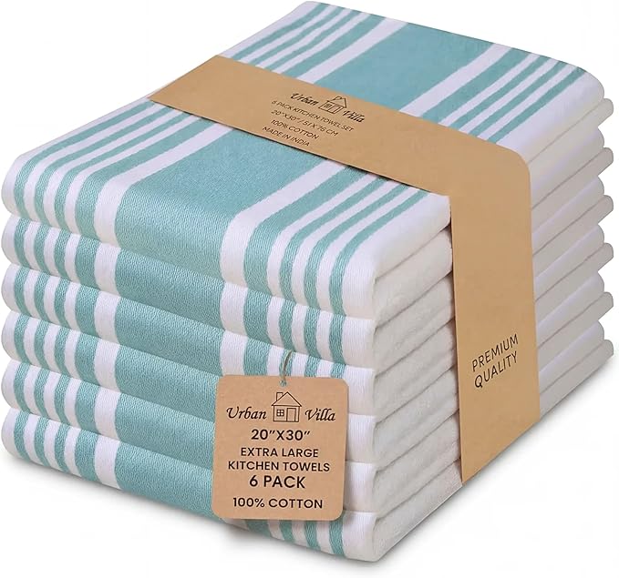 Urban Villa Kitchen Towels 100% Cotton Dish Towels for Kitchen (Set of 6) 20”x30” Dish Cloths Highly Absorbent Kitchen Linen Set with Hanging Loop Perfect for Drying Dishes Cleaning Towels-Aqua White