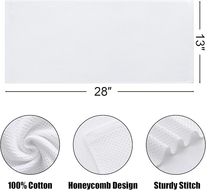 Kitinjoy 100% Cotton Waffle Weave Kitchen Hand Towels (13 X 28 Inches, White), 8-Pack Super Soft and Absorbent Dish Towel for Drying Dishes
