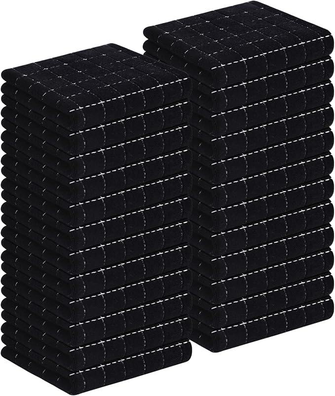 Homaxy 100% Cotton Terry Kitchen Towels(Black, 13 x 28 inches), Checkered Designed, Soft and Super Absorbent Dish Towels, 24 Pack
