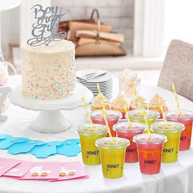 Umigy 100 Pack Honey Bee Plastic Disposable Cups with Lids and Straws 12 oz Disposable Cups for Juice Water Coffee Summer Party Sports Party Supplies(Bee)