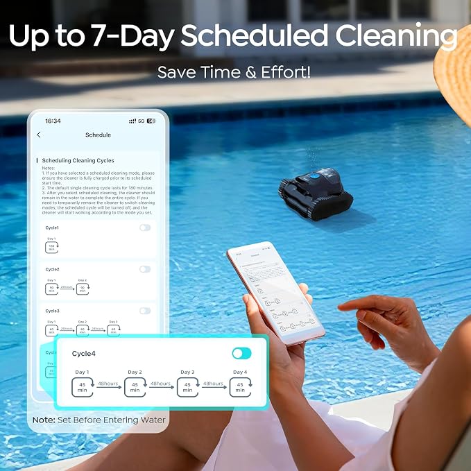 C1 Cordless Robotic Pool Cleaner with 180Mins, Wall Climbing & Waterline Cleaning, Long Runtime, Dual Layers, Automatic Pool Vacuum with APP, Multi Cleaning Modes and Paths, Transparent Navy Black