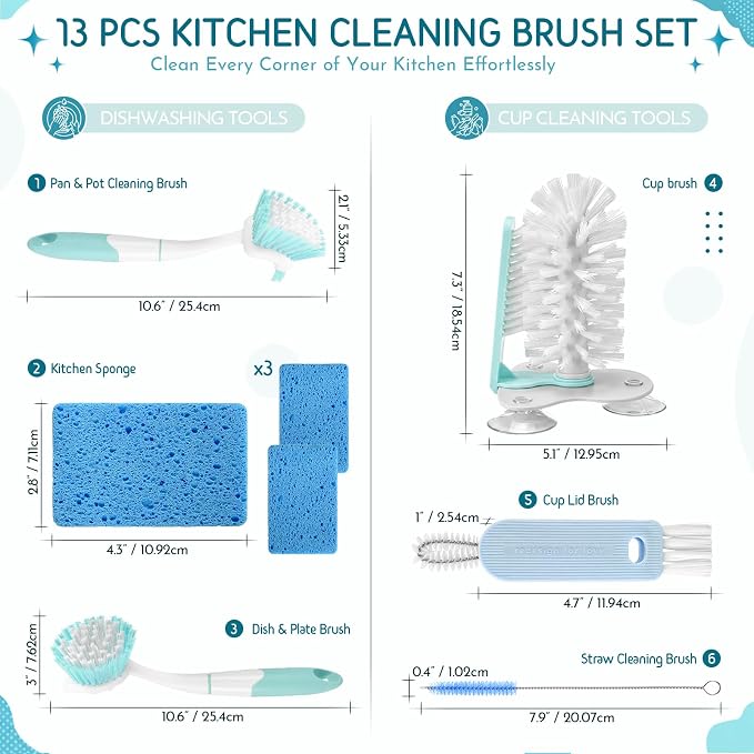 10 Pack Dish Brush Set for Household Use Kitchen Scrub Brushes with Non-Slip Long Handle Multi-Purpose Cleaning Brushes for Dishes Pot Pan Kitchen Sink Tub Cup Clothes Shoes Floor(Blue)