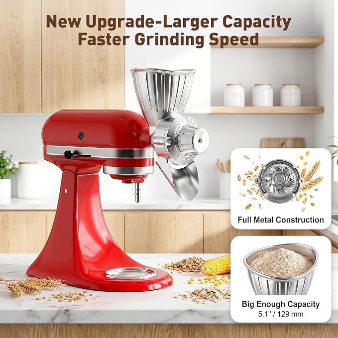 COFUN Grain Mill Attachment for Kitchen Aid Mixer, 9 Adjustable Levels All Metal Flour Mill, Fit for Wheat, Corn, Oats, Buckwheat, Millet, Coffee Beans & Dry Low-Oil Grains