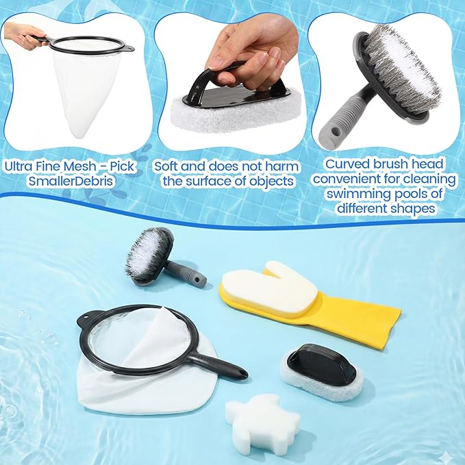 Novabright 5-in-1 Hot Tub and Spa Maintenance Cleaning Accessory Kit with Curved Brush, Mesh Net Skimmer, Scrubber, Gloves, and Sponge for Inflatable Home Hot Tubs Pools Ponds