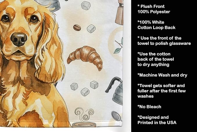 Caroline's Treasures Golden English Cocker Spaniel Coffee Bar Kitchen Towel Velour Plush Front and Cotton Loop Back Machine Washable