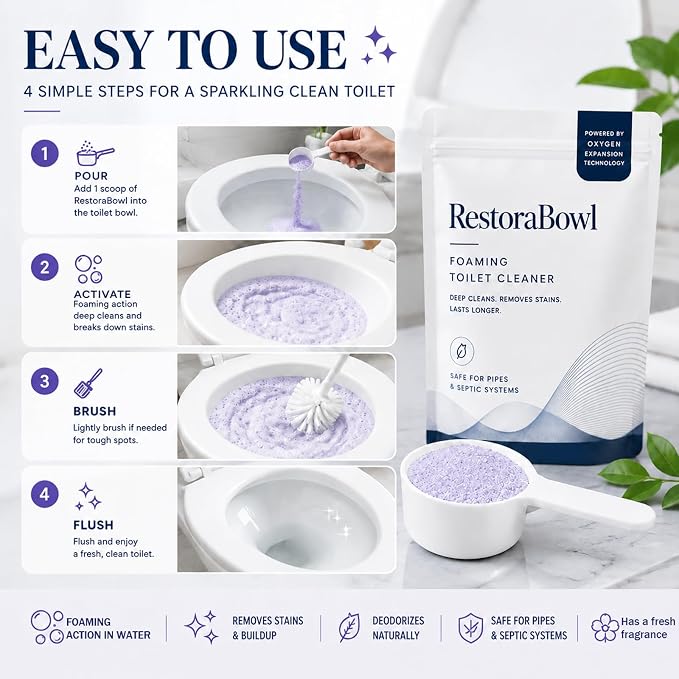RestoraBowl Toilet Bowl Cleaner Foam, Bathroom Cleaning Powder for Daily Use, Oxygen-Based Fast Dissolving Formula, Helps Remove Stains & Maintain Freshness, 3.53 Oz.