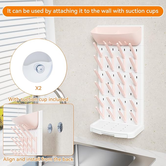 SuoXing Vertical Baby Bottle Drying Rack with Brush- Hold 24 Bottles - Large Breast Pump,Bottle Dryer Rack for Kitchen Countertop,Space Saving Bottle Stand Holder for Pacifiers,Pump Accessories,Pink
