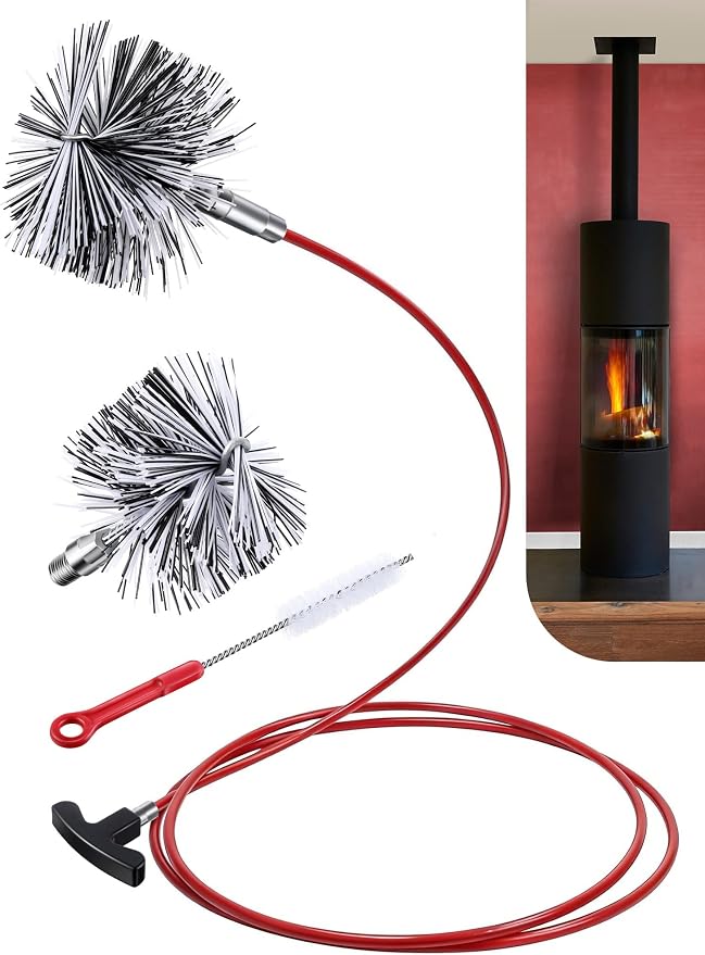 Feekoon Pellet Stove Cleaning Kit, 10 FT Flexible Steel Rod with 3" & 4" Brush Head, Flue Detail Cleaner, Pellet Stove Accessories for Vent Pipes Cleaning - Reduce Buildup & Improve Airflow