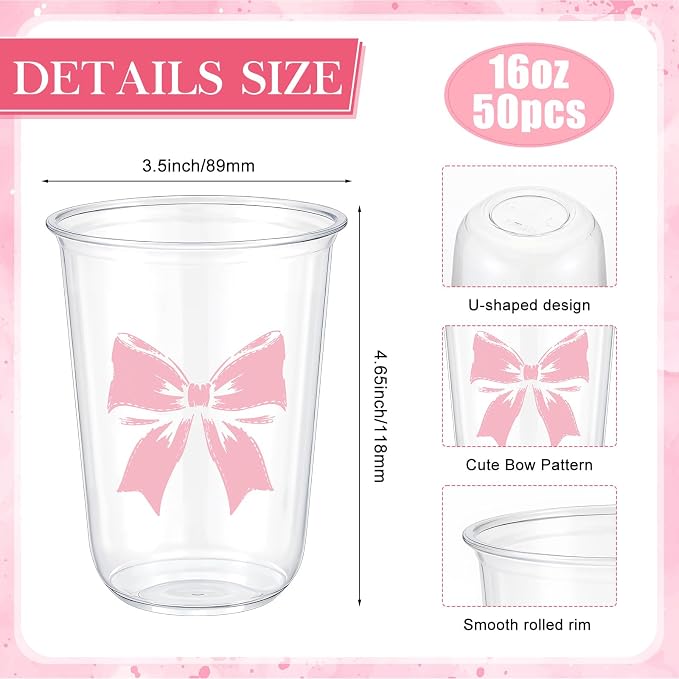 Ziliny 50 Pcs 16oz Pink Bow Cups Birthday Party Decorations Supplies Disposable Plastic Cups for Bachelorette Party Valentines Galentines Day Christmas Wedding Baby Shower