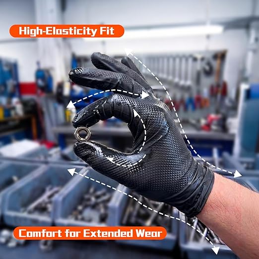 ANBOSON 10mil Nitrile-Gloves Disposable - Chemical-Resistant Rubber - Mechanic Gloves Heavy Duty, Latex Free, Diamond Grip (1000,Black Large)