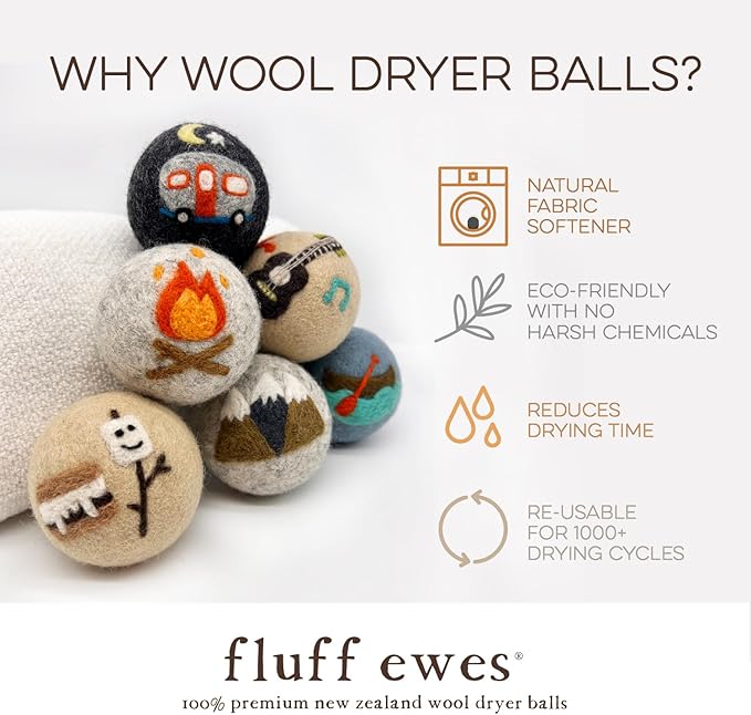 Fluff Ewes Premium Handmade New Zealand Reusable Wool Dryer Balls for Laundry, Baby, Anti-Static Alternative to Liquid Fabric Softener, Plastic Dryer Balls or Dryer Sheets, 12 pk Bundle, Camp/Hedgehog