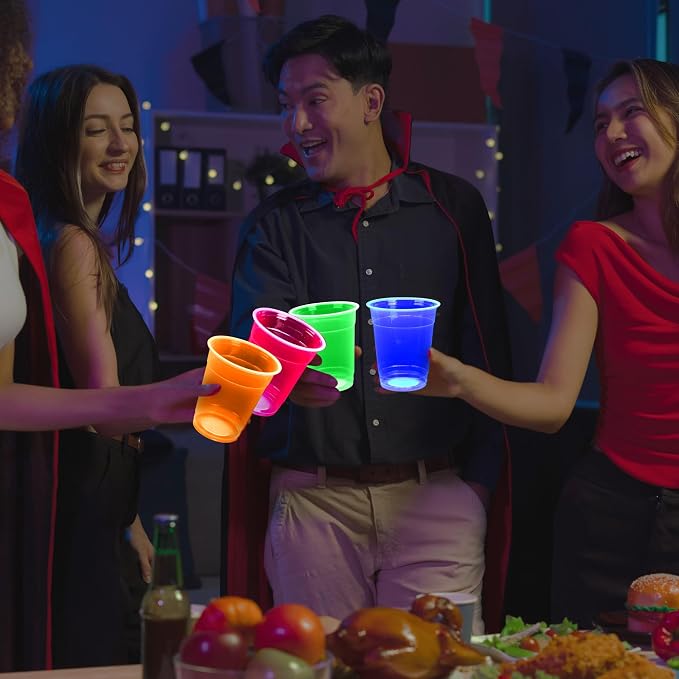 Kochorie 120 Pack 12 Oz Plastic Neon Cups Glowing Party Cups 4 Assorted Neon Colors Disposable Blacklight Party Light Up Cup for Birthday Party In The Dark Party Supplies
