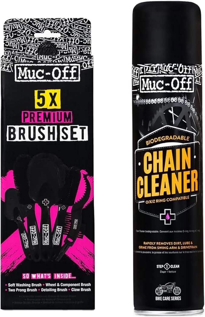 Muc-Off Motorcycle Chain Cleaner + 5x Bike Brush Kit | Motorcycle Chain Degreaser Cleaner with Chain Cleaning Brush Set | Instant Grease Cutting Formula | Easy to Use