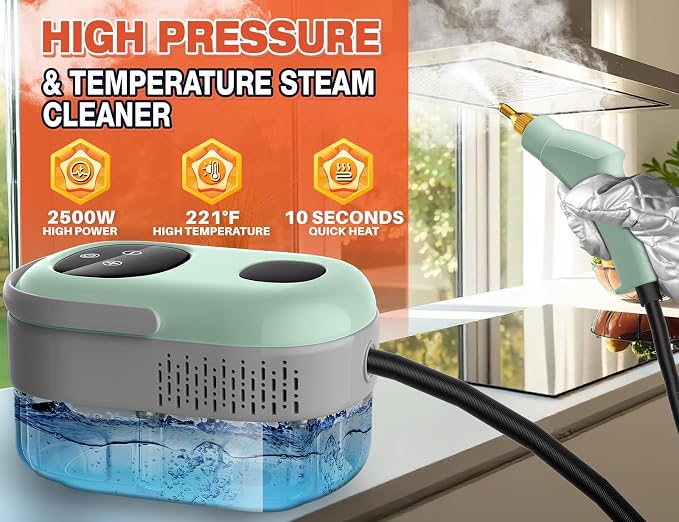 2500W Steam Cleaner, High Pressure Steamer for Cleaning, 10s Heat Up, 6 Level Adjustable Steam, 1.6L Water Tank, Chemical-Free Deep Cleaning Handheld Steam Cleaner for Home, Car, Kitchen, Bath (Green)