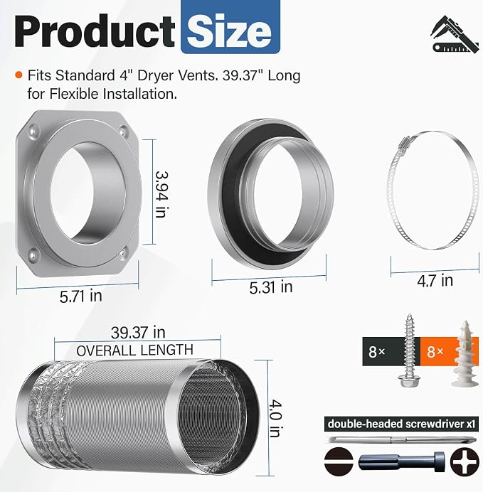 Magnetic Dryer Vent Connector Kit, MV-180° 4 Inch 3.3FT Hose, Airtight Quick Connect Magvent Dryer Vent, Optimized Airflow for Home Laundry Safety