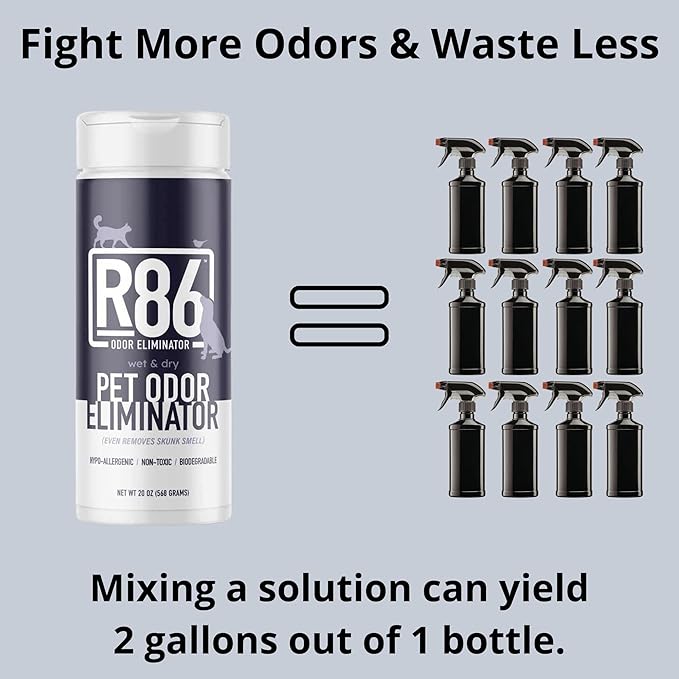 R86 Pet Odor Eliminator, Removes Odor from Litter Boxes, Carpet, and Hard Surfaces, Even Removes Skunk Smell from Cats & Dogs, Plant Based Formula, Use Wet or Dry, Hypoallergenic & Biodegradable