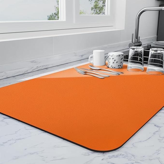 Ecotrim - Dish Drying Mat for Kitchen Counter | Coffee Bar Mat for Countertops | Heat Resistant Drainer Mat with Non-slip Rubber Backed | Hide Stain Kitchen Absorbent Draining Mat | Orange 18"x24"