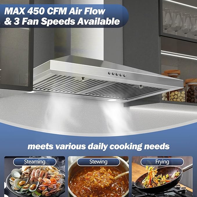 SNDOAS Range Hood 30 inch,Stainless Steel Wall Mount Range Hood 30 inch,Chimney-Style Stove Vent with Ducted/Ductless Convertible,Kitchen Hood with LED Light,Button Control,3-Speed Vent Hood