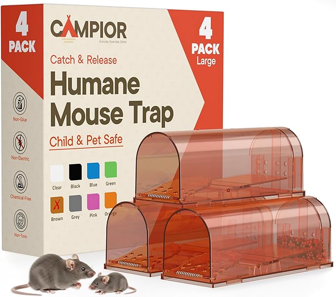 Campior Humane Mouse Trap Pack of 4, Live Mouse Traps Catch and Release for Indoors & Outdoors, Pet & Child Safe, 7.87" Reusable Plastic Mouse Cage with Spring Door, Cleaning Brush Included, Brown