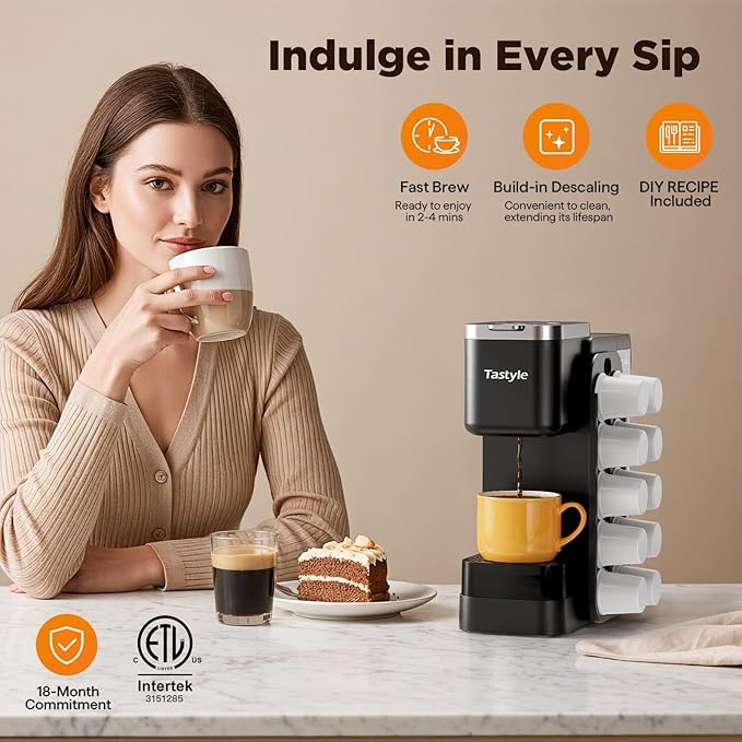 Tastyle Hot & Iced Coffee Maker with Magnetic K-Pod Organizer (Pods Not Included), with 30 Descaler Cleaner Tablets, 4-5 Cups Coffee Maker & Single-serve Brewer for K Cup & Grounds