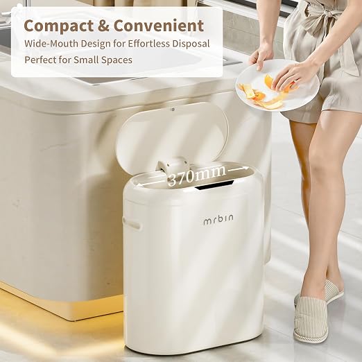 MRBIN Metal Kitchen Motion Sensor Trash Can with Lid, 10.5 Gallon Slim Automatic Waste Basket Touchless, Medium Commercial Covered Garbage Pail for Narrow Office, Bathroom, Dorm, Cream White