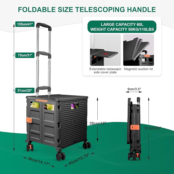FELICON SELORSS Folding Utility Cart Portable Rolling Crate Handcart with Magnetic Sliding Lid Telescoping Handle Plastic Box Dolly 360°Swivel Wheels for Travel Shop Move Office Teacher(Black Pro)