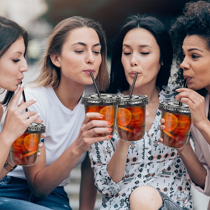 12oz Disposable Stemless Glasses with Flat Lids and Straws,PET Disposable Drinking Cups,Clear Plastic Wine Glasses for Parties Birthday,Wedding,Meeting,Christmas Party Supplies. (100, Black)