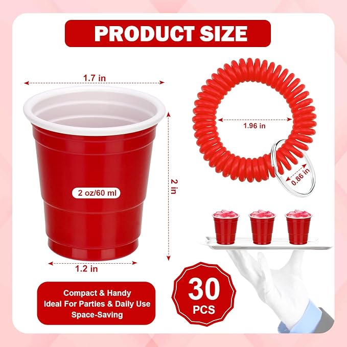 30 Pcs Red Shot Cups with Wristband for Party 2oz Plastic Shot Glasses Bulk Disposable Mini Shot Glasses with Bracelet Wear On Solo Cups for Valentine Carnivals Weddings Party Games Events Supplies