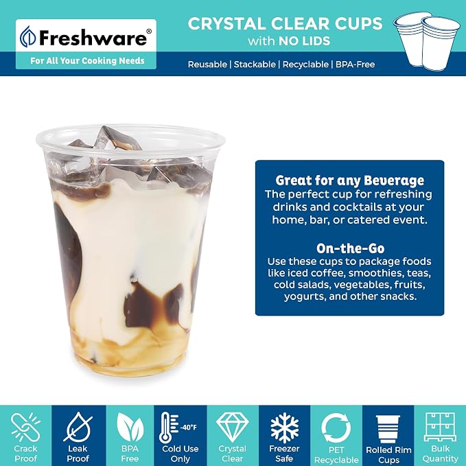Freshware Clear, Heavy-Duty 16 oz Disposable Plastic Cups, BPA Free (100 Pieces)