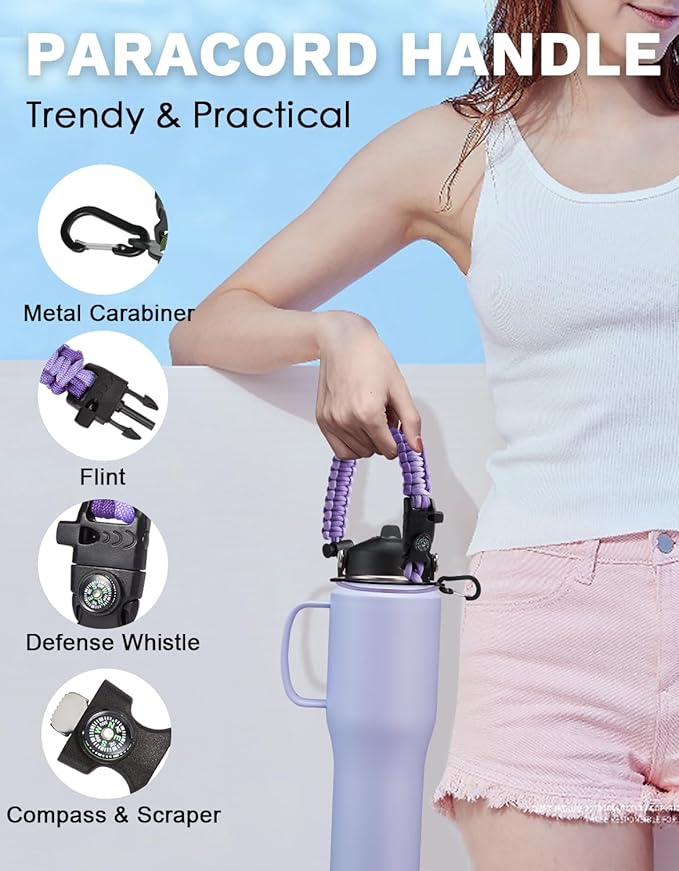 32oz 40oz Tumbler with Handle and Straw - Keep Cold-48h Hot-24h, Insulated Water Bottle with Auto Chug Lid, Carrying Pouch, Paracord Handle & Protective Boot, Cupholder Friendly Travel Mugs Flask