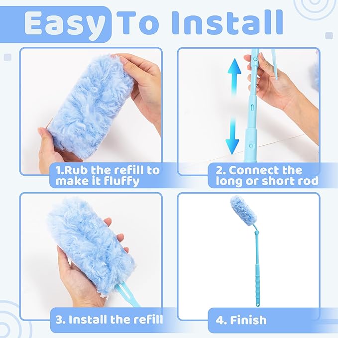 360° Dusters Refills for Cleaning - 80 Count Disposable Feather Duster Kit with 2 Handles, Multi-Surface Microfiber Feather Dusting Cleaner for Furniture Blinds Windows Ceiling Fans (Blue)