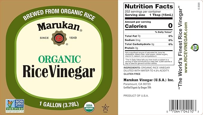 Marukan Organic Unseasoned Rice Vinegar for Enhancing Flavor & Cooking, USDA Organic, Marukan Rice Vinegar (1 Gallon, 2-pack)
