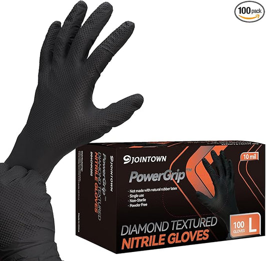 Jointown Upgraded 10 Mil Heavy Duty Nitrile Gloves, Mechanic Gloves Nitrile Disposable, with Raised Diamond Texture, Case of 100, Black, Large