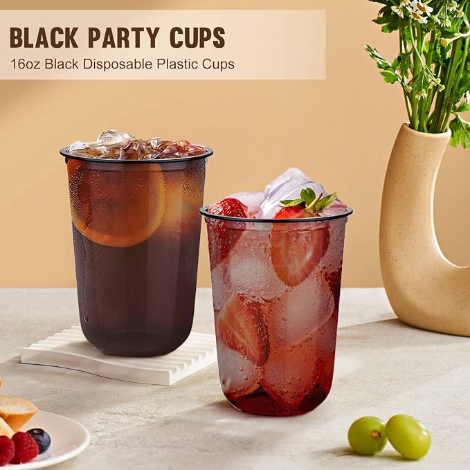 KesaPlan 100 Pcs 16 oz Black Clear Plastic Cups, Disposable Stemless Wine Glasses for Halloween Graduation Party, Round Bottom Plastic Cocktails Cups, Disposable Cold Drinks Cup for Birthday Wedding