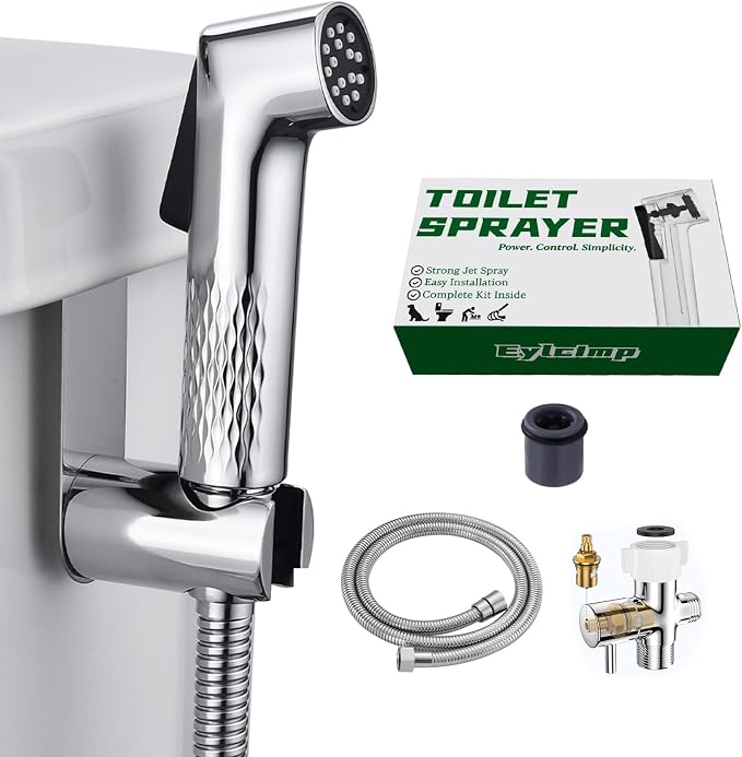 Handheld Bidet Sprayer for Toilet with 7/8-Inch Flow-Control Brass T-Valve, Anti-Clog Chrome-Finish Spray Head and 47-Inch Stainless Steel Hose for Personal Hygiene, Feminine Care and Toilet Cleaning