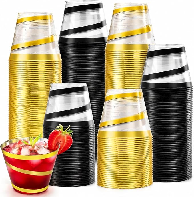 100 Pack 9 OZ Clear Plastic Cups with Gold Rim, Disposable Rimmed Swirl Cocktail Party Cup, Heavy Duty Elegant Wine Glasses, Drinking Tumbler for Weeding Christmas Single Party (Black, Gold)